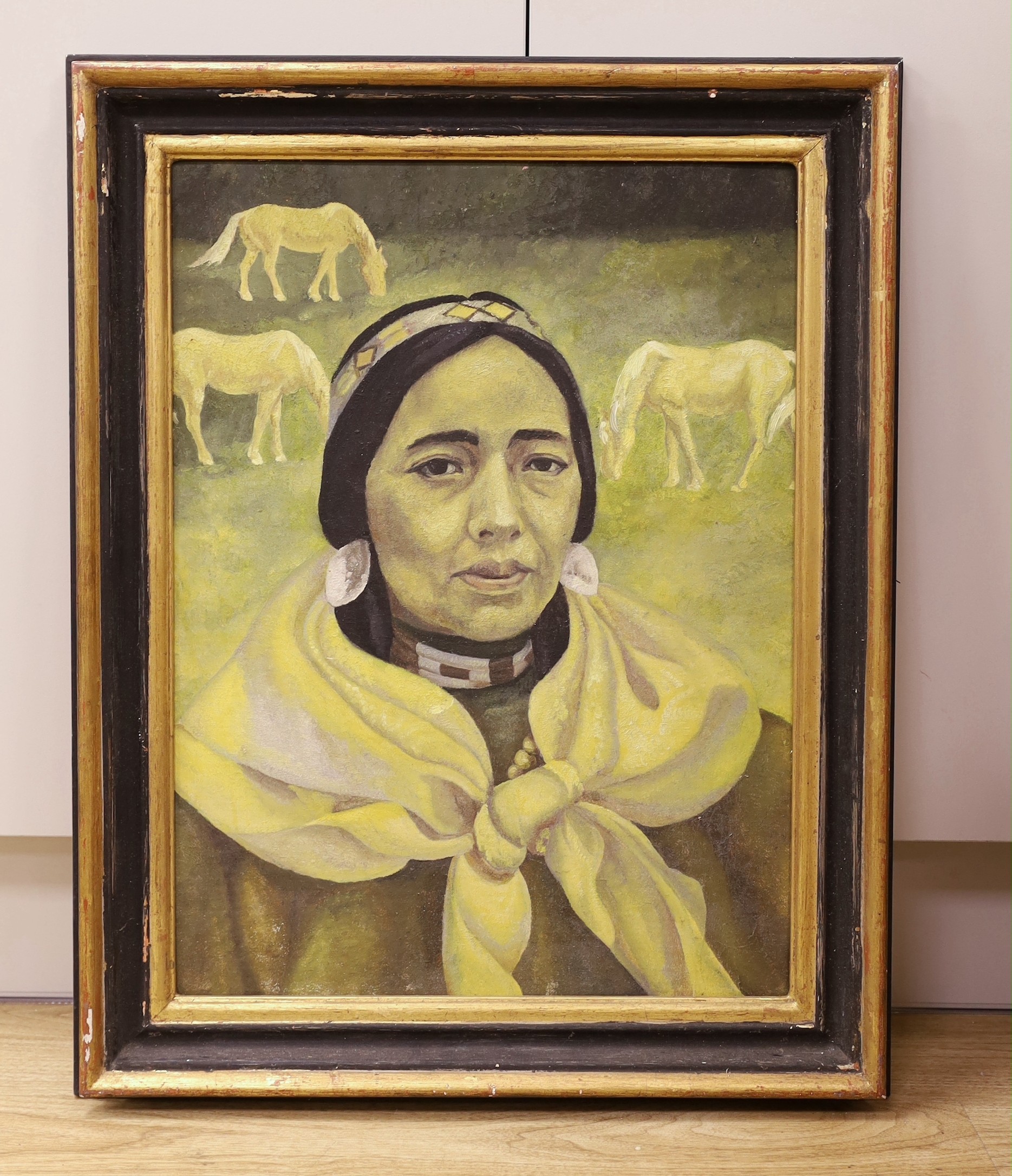 Mary Fairclough (1913-2000), oil on board, 'Woman with three horses', label verso, 56 x 41cm